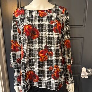 Pleione Black and Red Floral Check Blouse